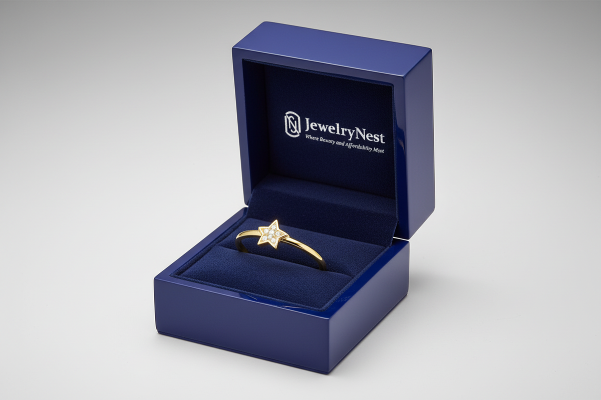 14k Gold Star Diamond Ring in JewelryNest Royal Blue Box