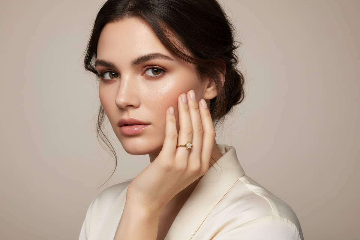 14k Gold Star Diamond Ring on Full Face Model