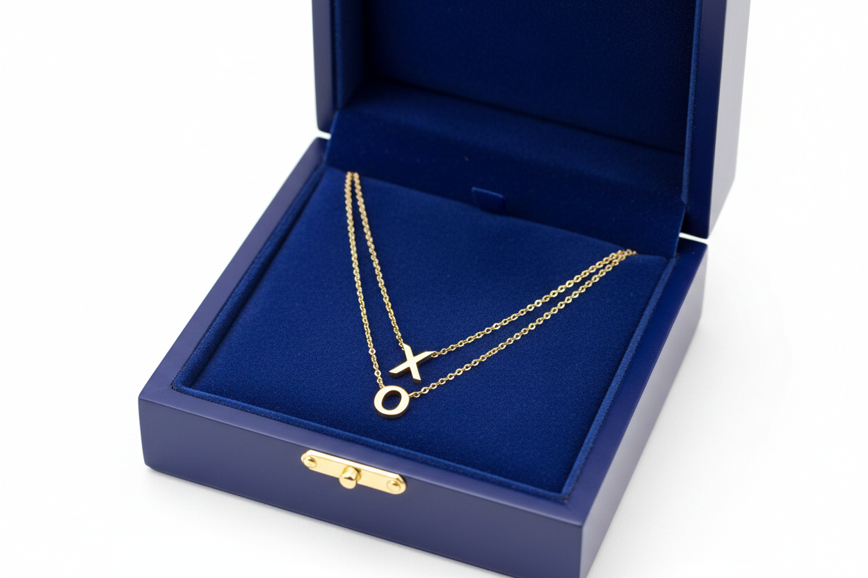 14K Gold XO Double Strand Necklace in Royal Blue Wooden Box