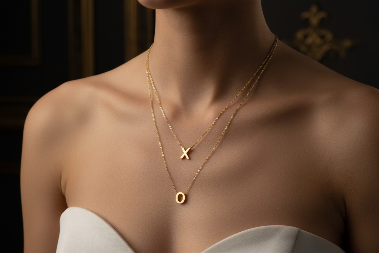 14K Gold XO Double Strand Necklace on Model