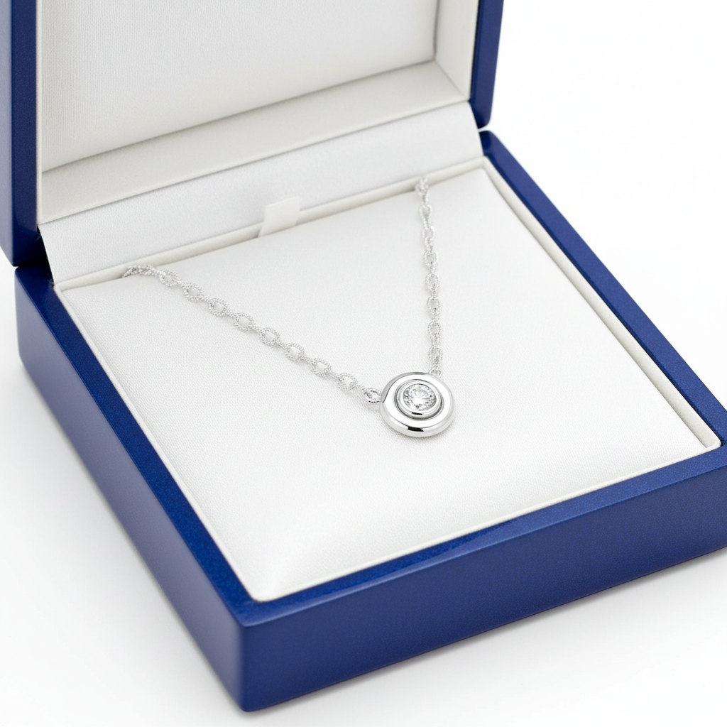 14k Lab Diamond Donut Bezel Necklace in Royal Blue Wooden Box