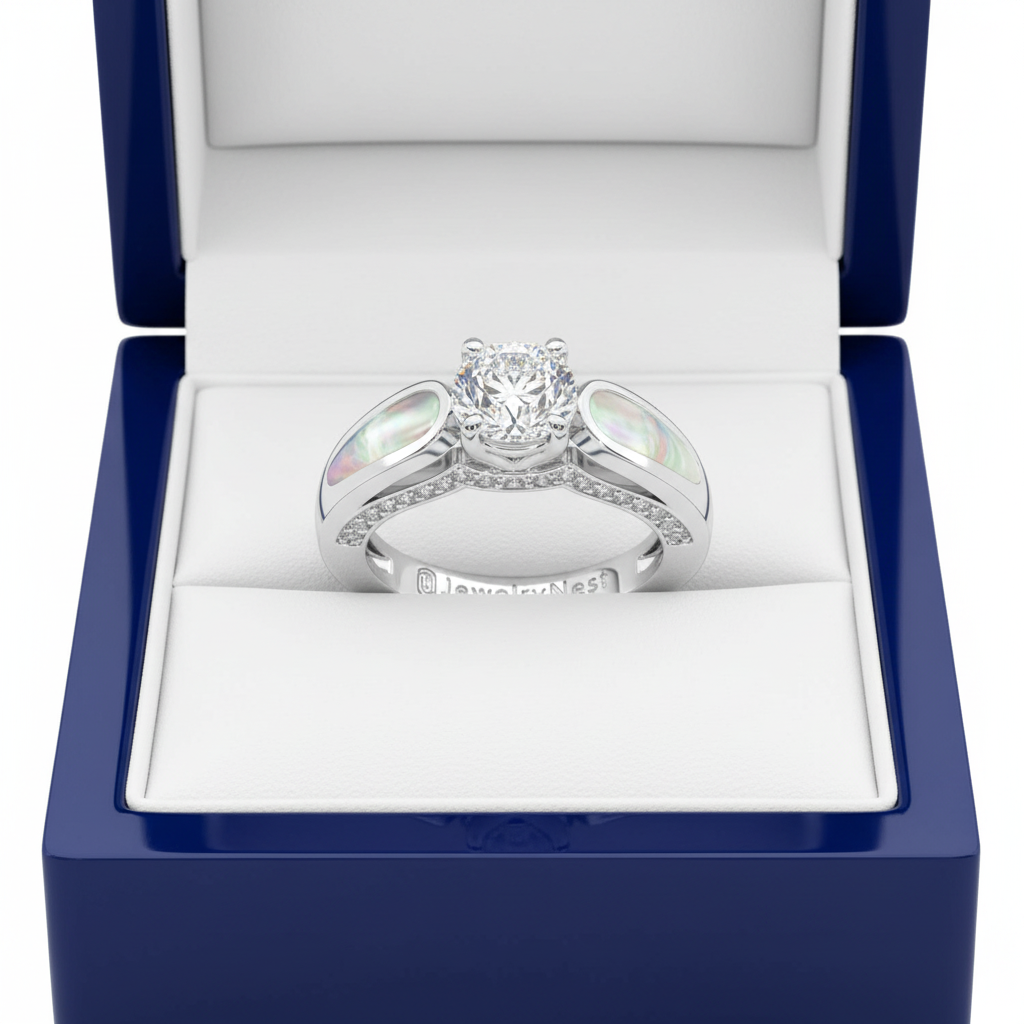 14k Lab-Grown Diamond Mother-of-Pearl Engagement Ring in Royal Blue Wooden Box