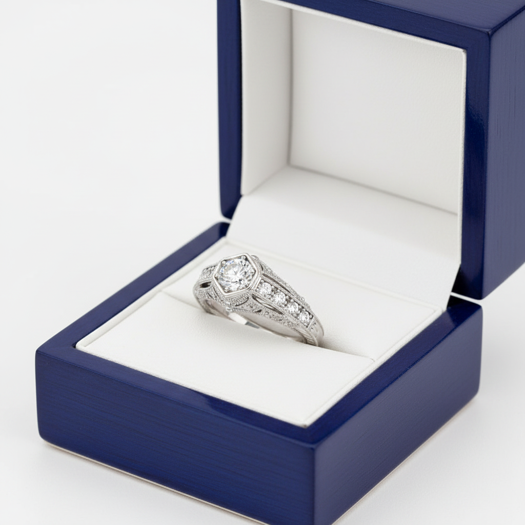 14k Lab-Grown Vintage Style Diamond Engagement Ring in Royal Blue Wooden Box