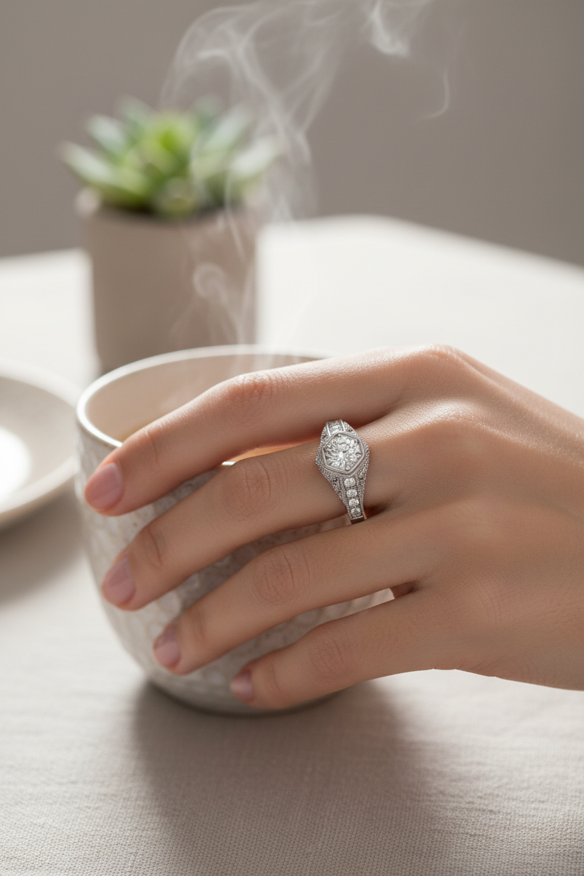 14k Lab-Grown Vintage Style Diamond Engagement Ring on Model