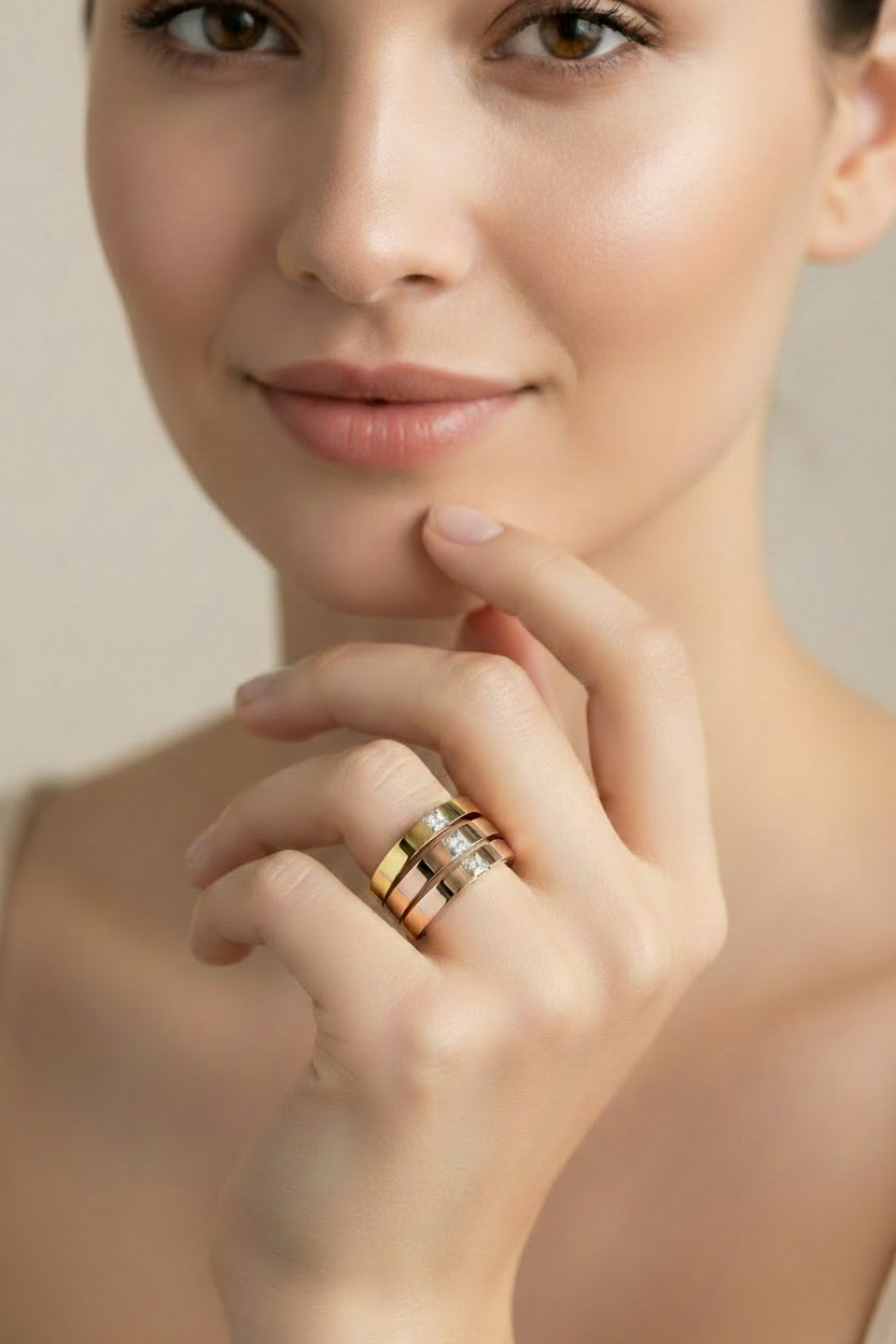 14k Princess Cut Diamond Cigar Band – Yellow, White & Rose Gold Trio