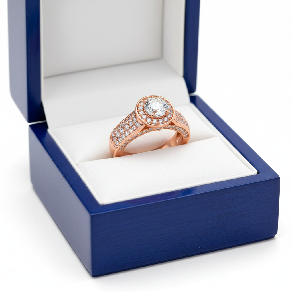 14k rose gold diamond arch solitaire engagement ring with 2.14 ctw, displayed in a royal blue wooden box.