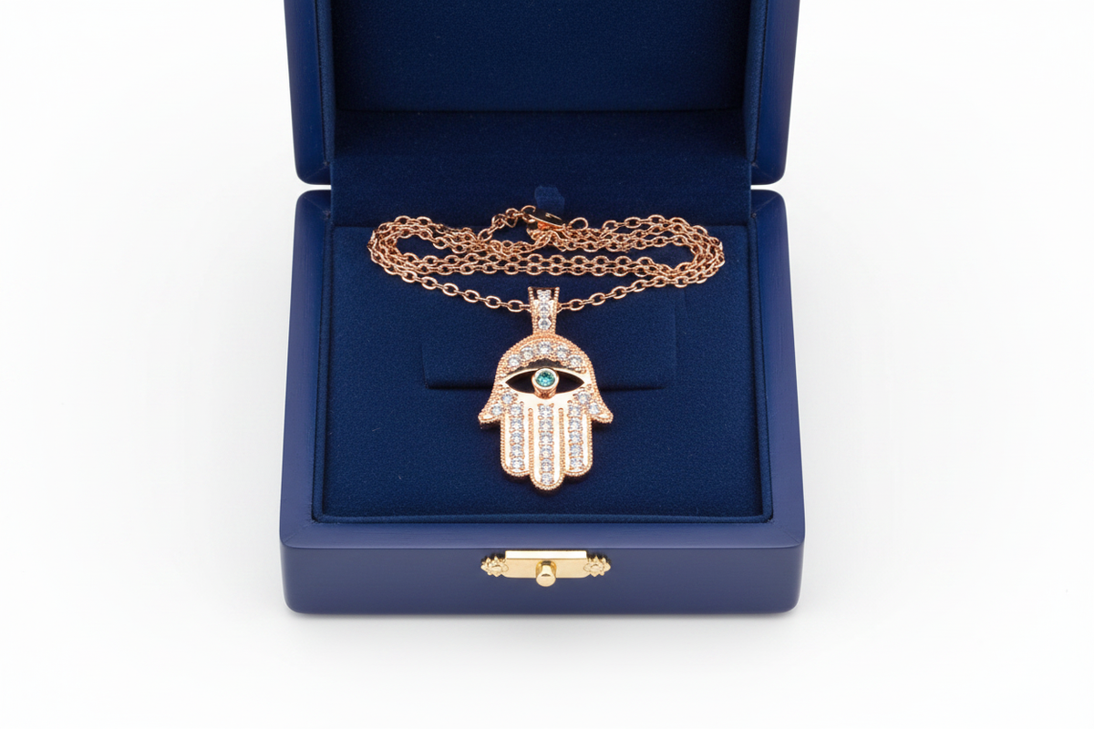 14k Rose Gold Hamsa Ice Green Diamond Necklace in Royal Blue Wooden Box