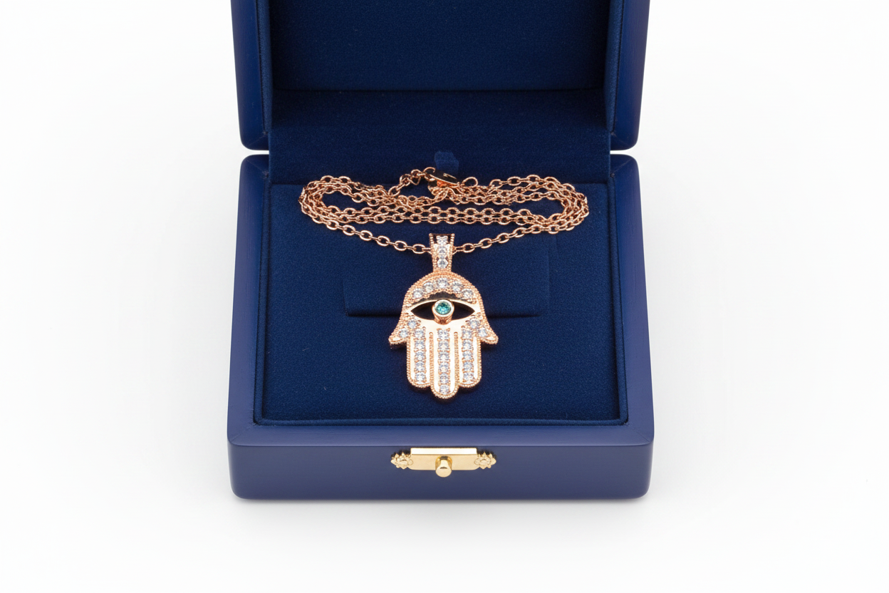 14k Rose Gold Hamsa Ice Green Diamond Necklace in Royal Blue Wooden Box