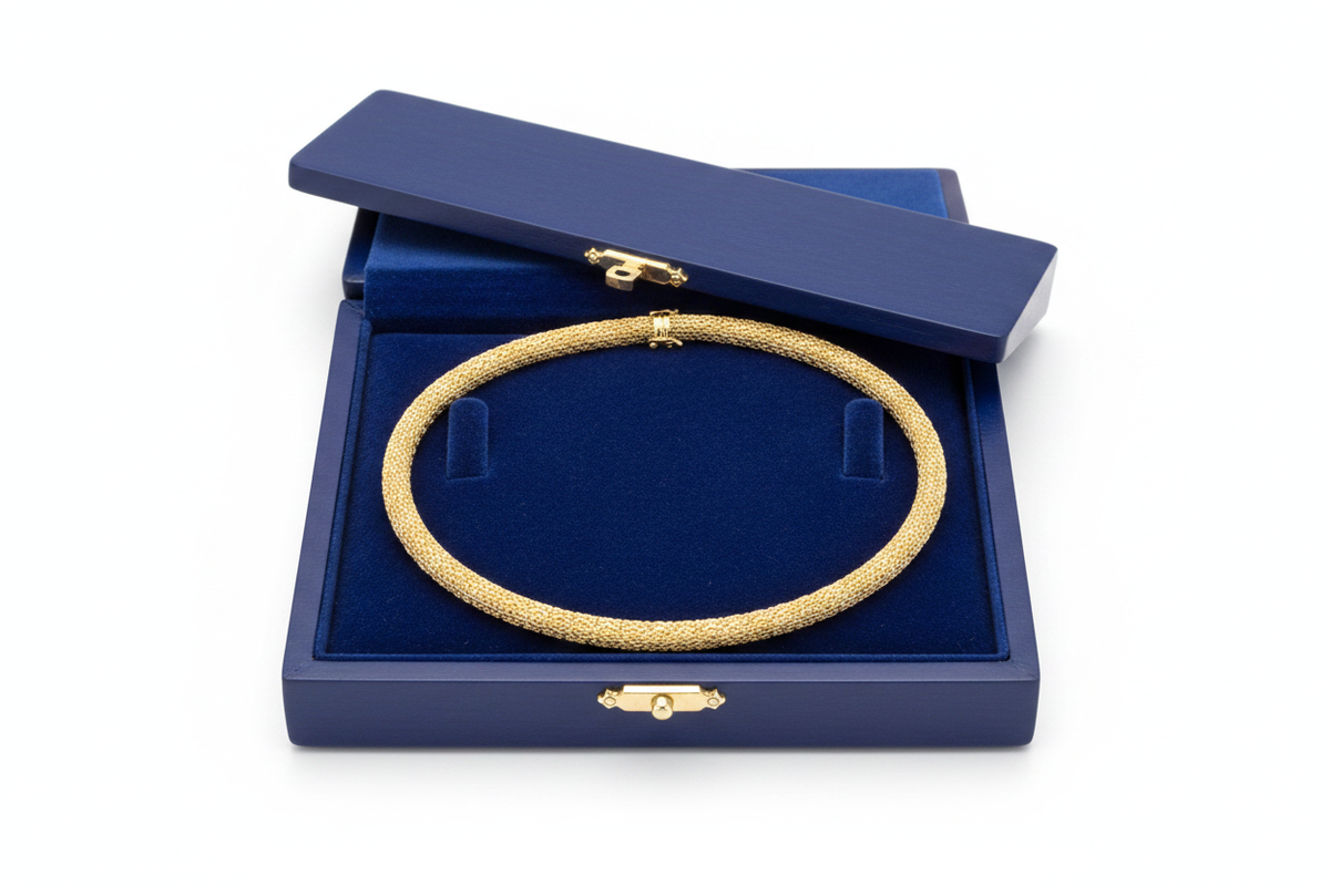 14k Solid Gold Byzantine Mesh Chain Necklace in Royal Blue Wooden Box