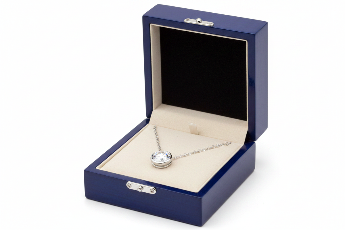 14k Solid Gold Round Diamond Solitaire Necklace in Royal Blue Wooden Box