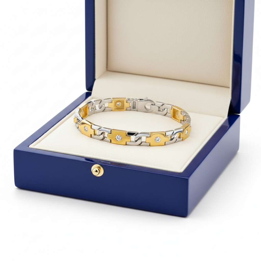 14k solid gold round diamond tennis bracelet with 0.99 ct tw, displayed in a royal blue jewelry box.