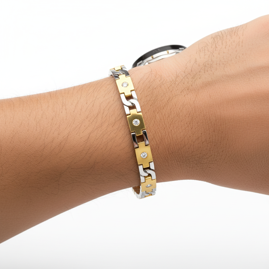 14k solid gold round diamond tennis bracelet with 0.99 ct tw, worn on male model, showcasing two-tone gold design and sparkling diamonds.