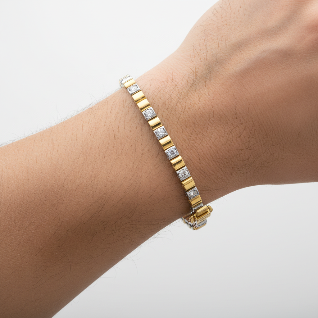 14k solid gold round cut diamond tennis bracelet with 0.85 cts tw, worn on male model, showcasing elegant jewelry design.