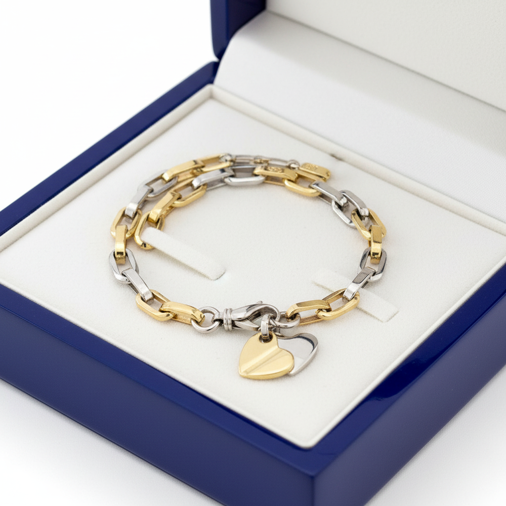 14k Two-Tone Gold Dangle Heart Bracelet in Royal Blue Wooden Box