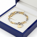 14k Two-Tone Gold Dangle Heart Bracelet in Royal Blue Wooden Box