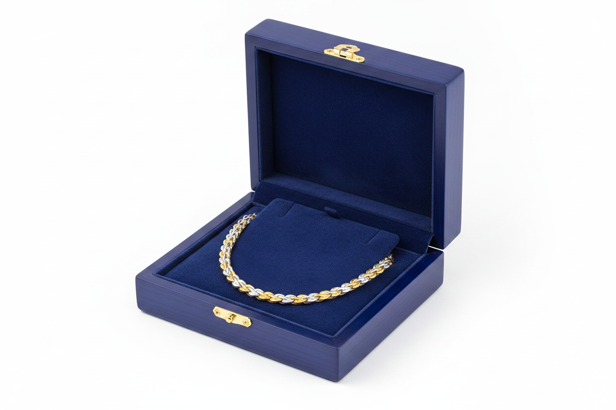 14k Two-Tone Gold Regency Braid Necklace in Royal Blue Wooden Box