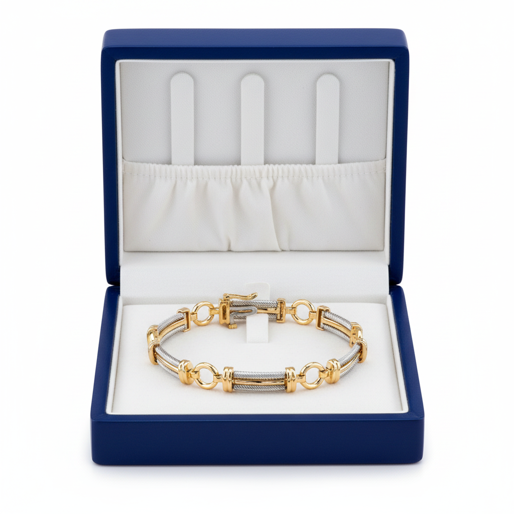 14k Two-Tone Gold Round Circle Bracelet in Royal Blue Wooden Box