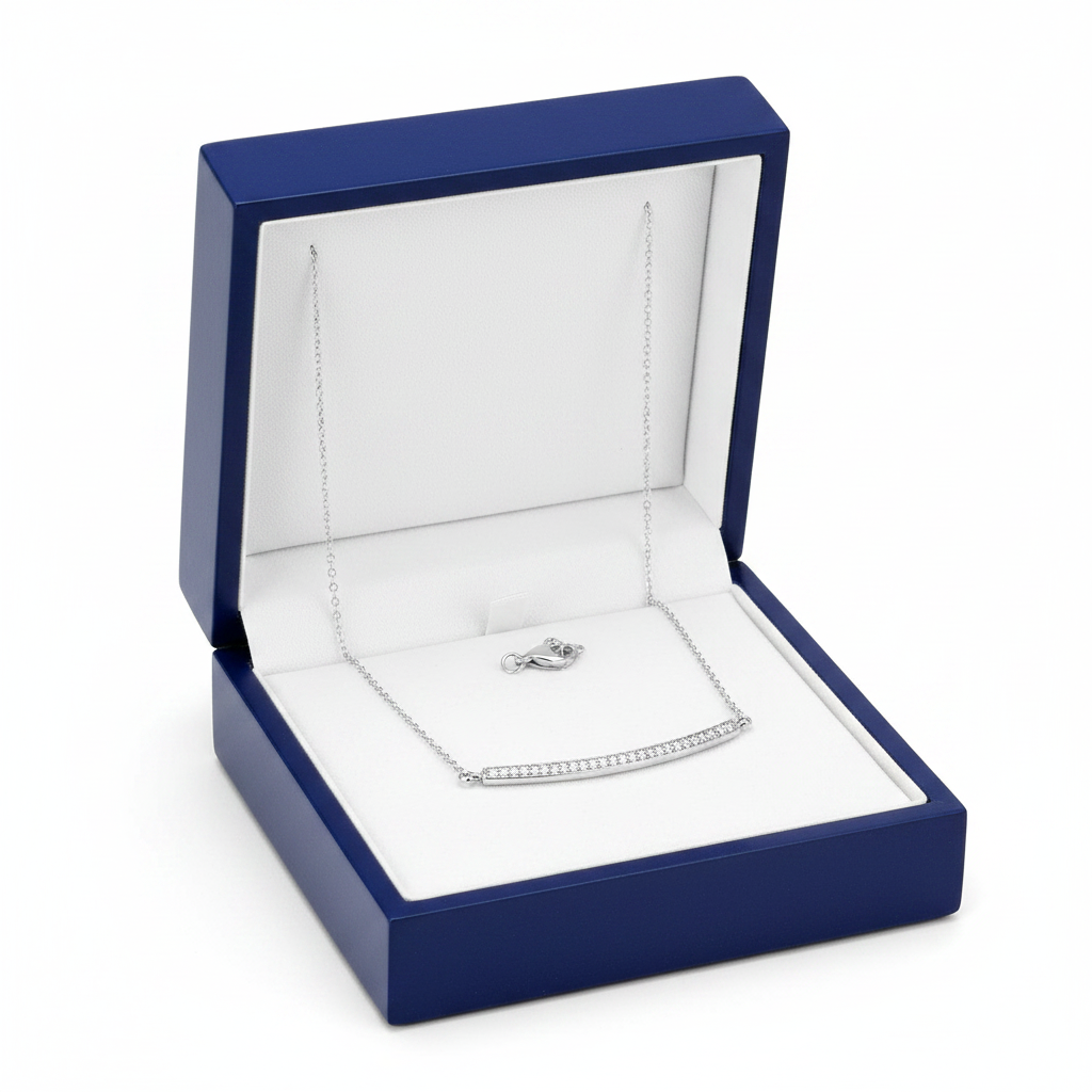 14k White Gold Diamond Bar Necklace in Royal Blue Wooden Box