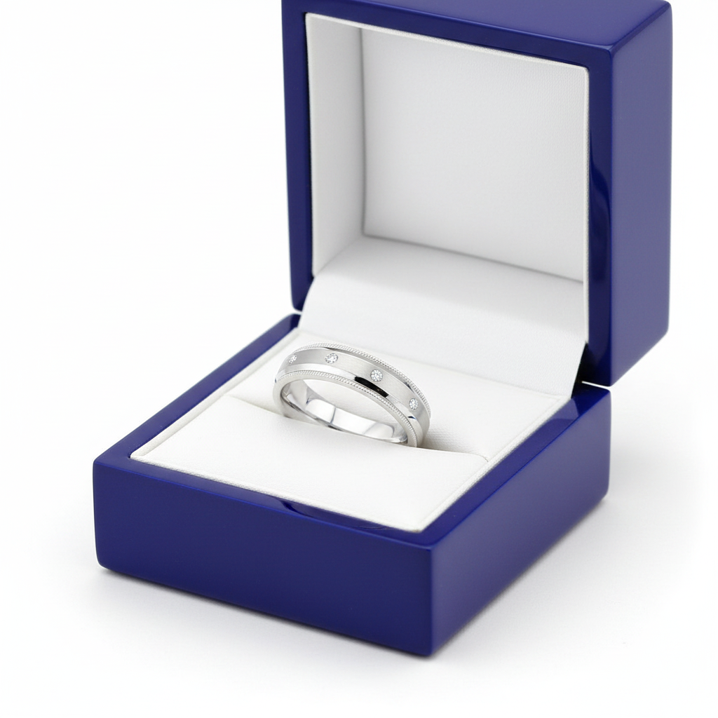 14k White Gold Diamond Milligrain Wedding Band in Royal Blue Wooden Box