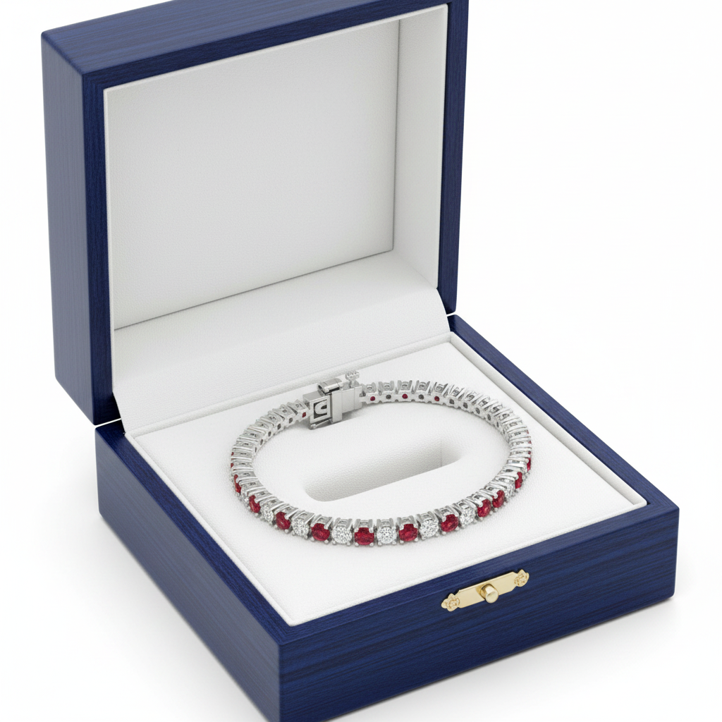 14k White Gold Diamond Ruby Tennis Bracelet in Royal Blue Wooden Box