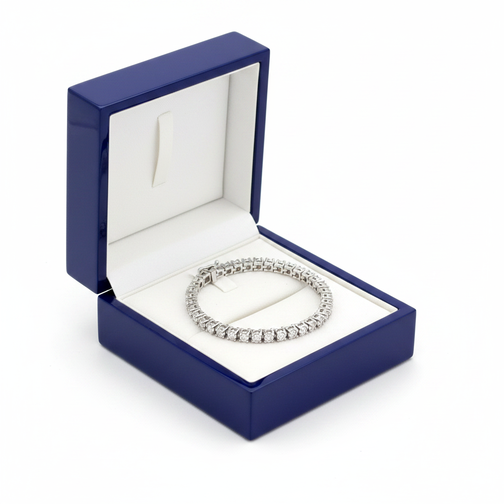 14k White Gold Diamond Tennis Bracelet in royal blue box
