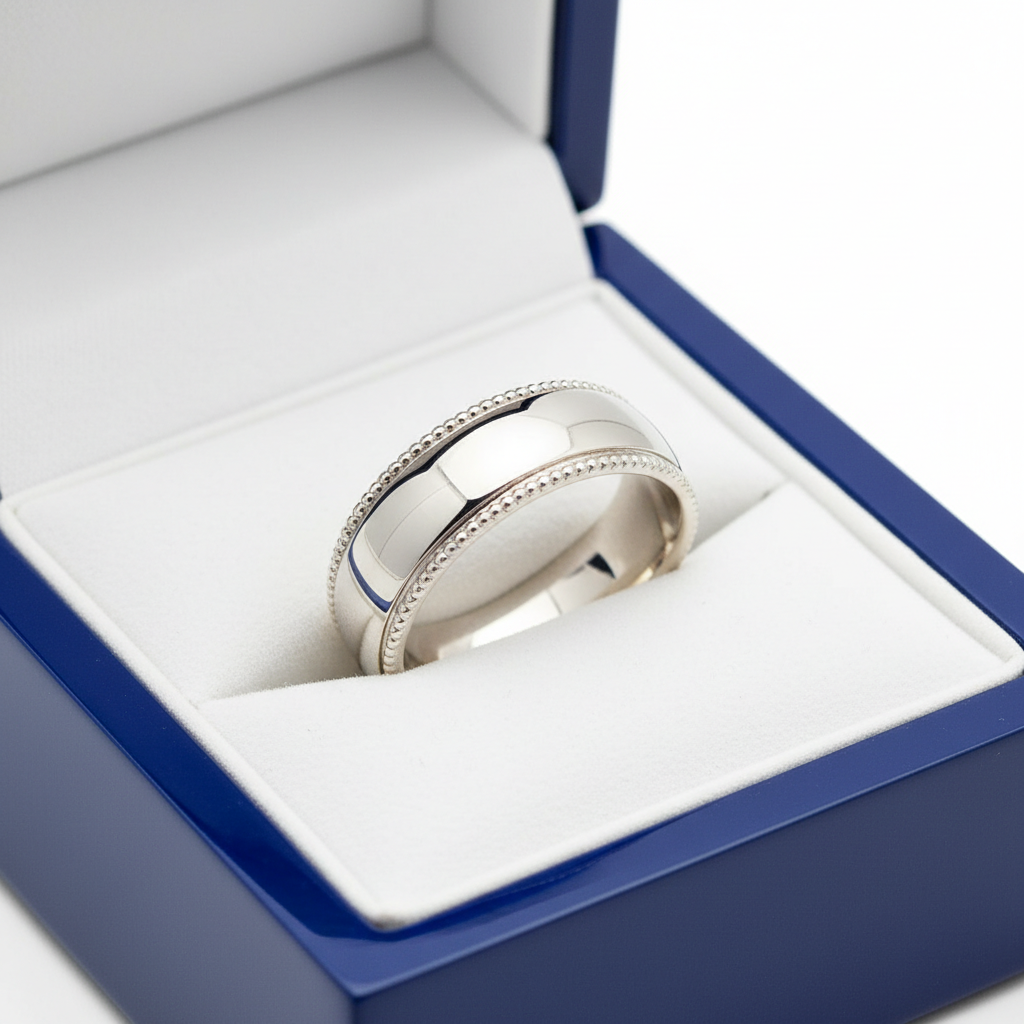 14k White Gold Dome Milligrain Wedding Band in Royal Blue Wooden Box