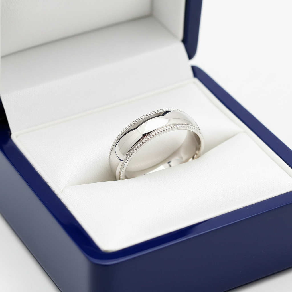 14k White Gold Dome Milligrain Wedding Band in Royal Blue Wooden Box