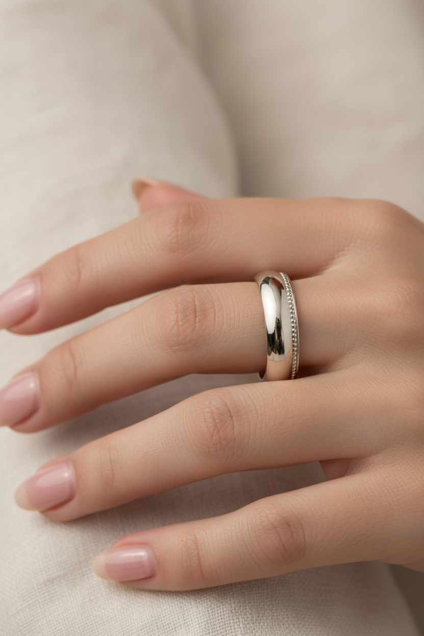 14k White Gold Dome Milligrain Wedding Band on Model