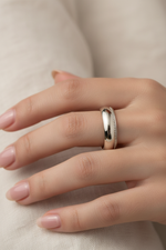 14k White Gold Dome Milligrain Wedding Band on Model