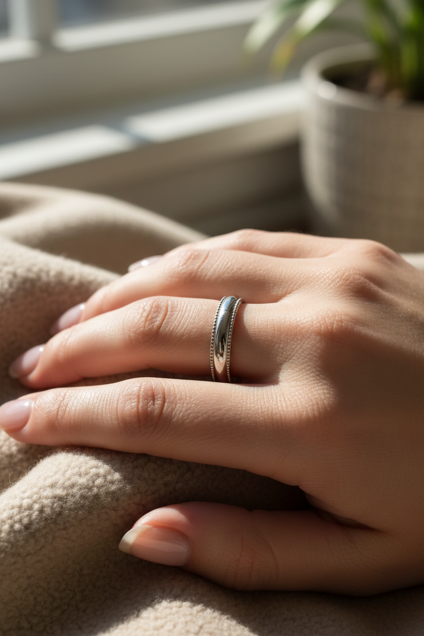 14k White Gold Dome Milligrain Wedding Band on Model