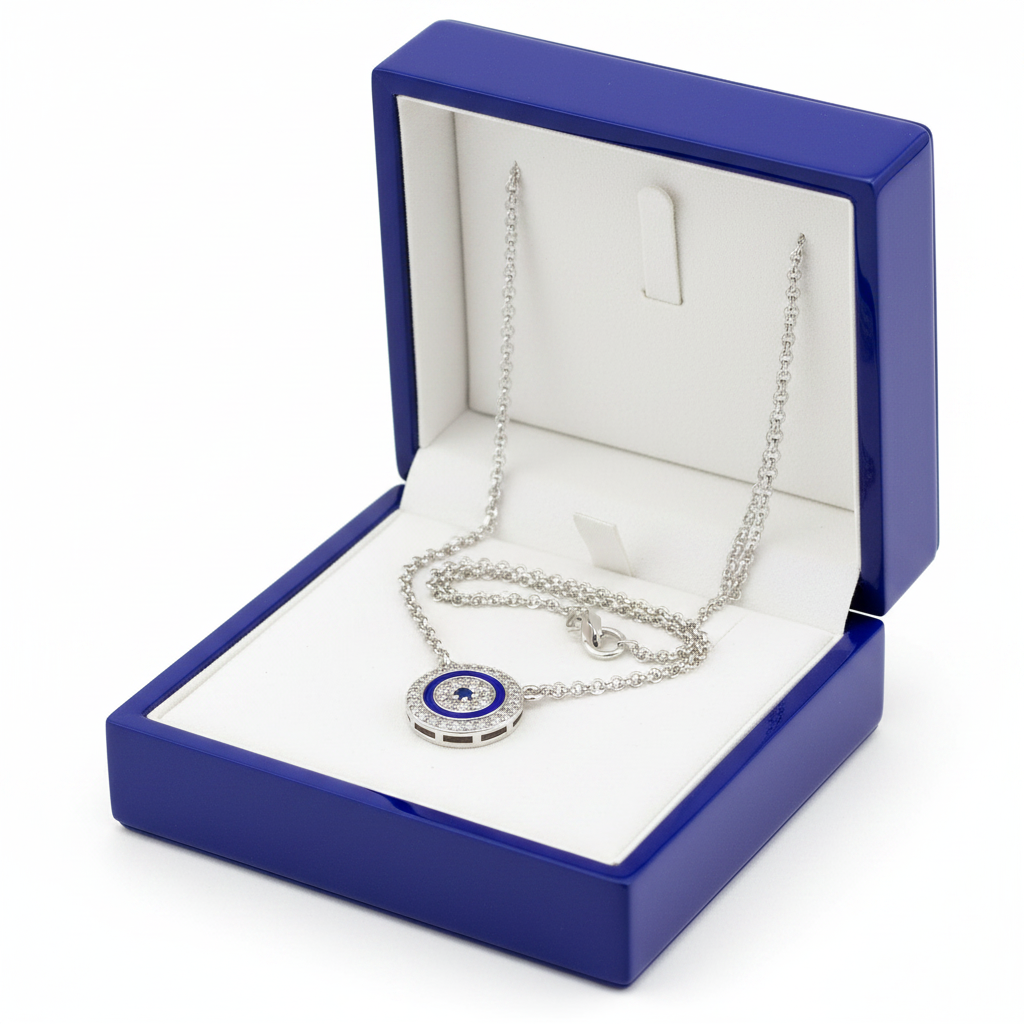 14k White Gold Evil Eye Sapphire Diamond Necklace in Royal Blue Wooden Box