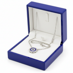14k White Gold Evil Eye Sapphire Diamond Necklace in Royal Blue Wooden Box