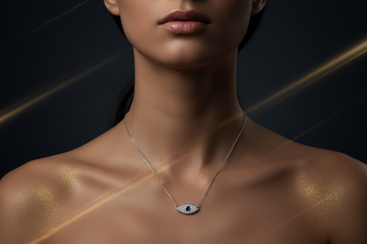 14k White Gold Evil Eye Sapphire Diamond Necklace on Model