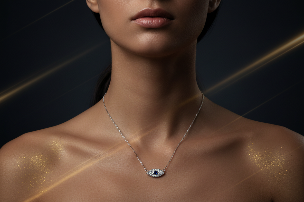 14k White Gold Evil Eye Sapphire Diamond Necklace on Model