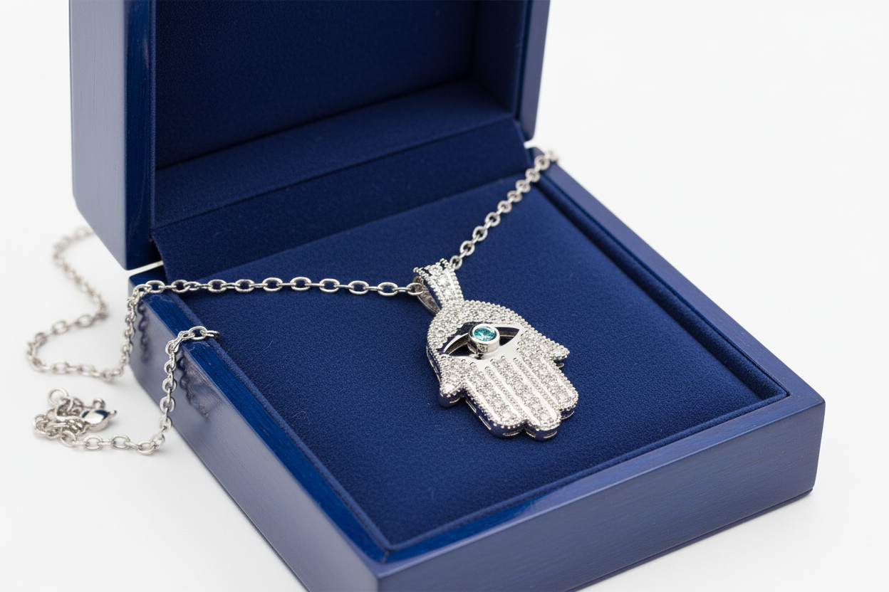 14k White Gold Hamsa Ice Green Diamond Necklace in Royal Blue Wooden Box