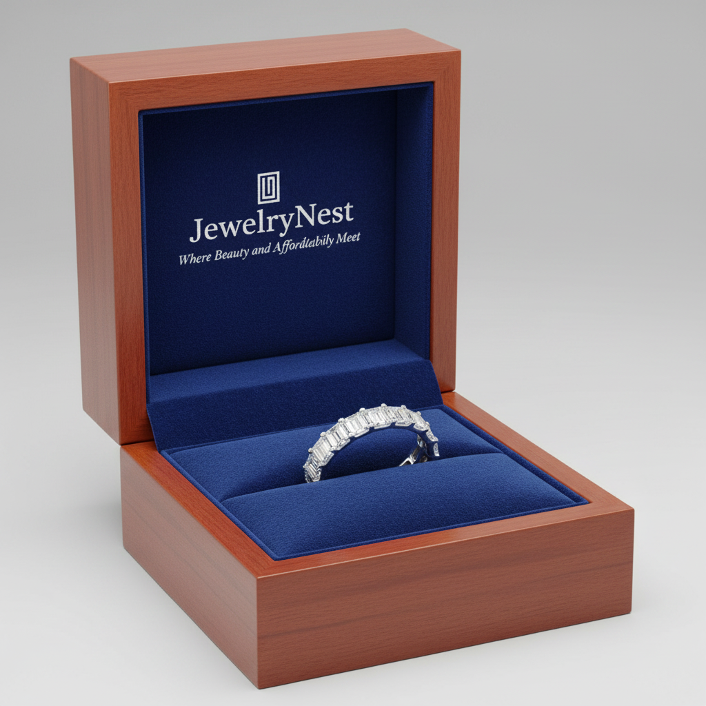 14k White Gold Lab-Grown Emerald Cut Diamond Eternity Band – Royal Blue Wooden Box with JewelryNest Logo