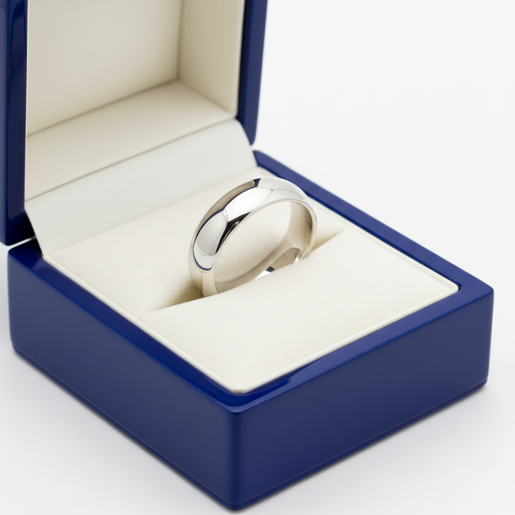 14k White Gold Low Dome Comfort Fit Wedding Band in Royal Blue Wooden Box