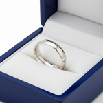 14k White Gold Low Dome Comfort Fit Wedding Band in Royal Blue Wooden Box