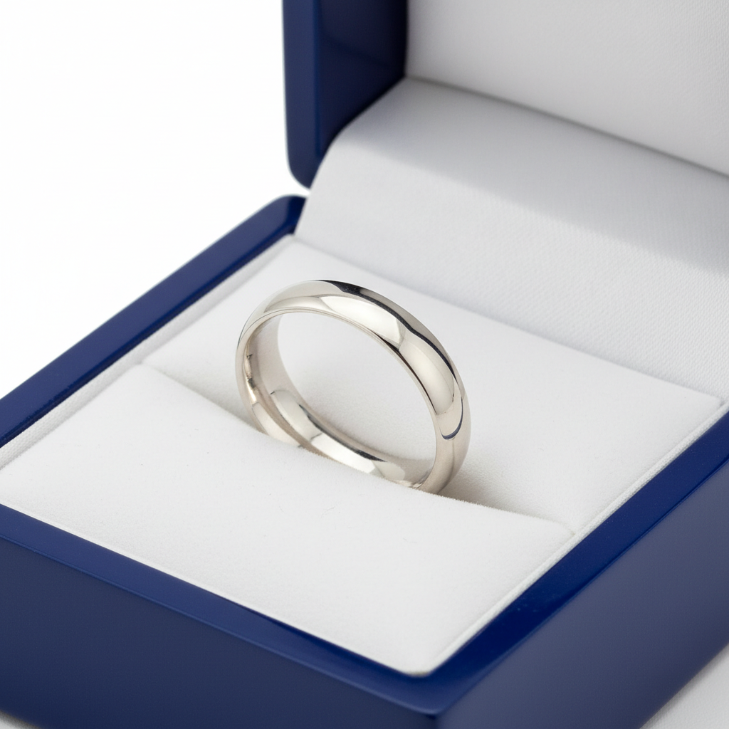 14k White Gold Low Dome Comfort Fit Wedding Band in Royal Blue Wooden Box