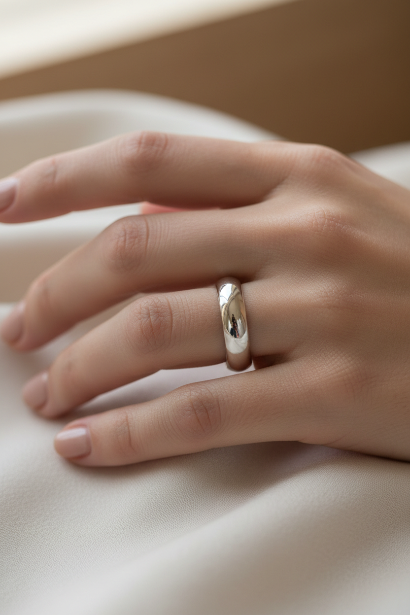 14k White Gold Low Dome Comfort Fit Wedding Band on Model