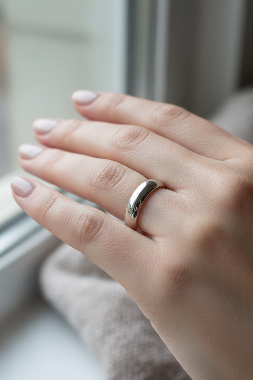 14k White Gold Low Dome Comfort Fit Wedding Band on Model
