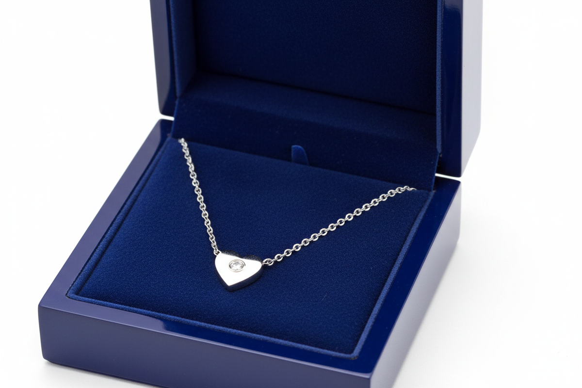 14k White Gold Mini Heart Diamond Necklace in Royal Blue Wooden Box