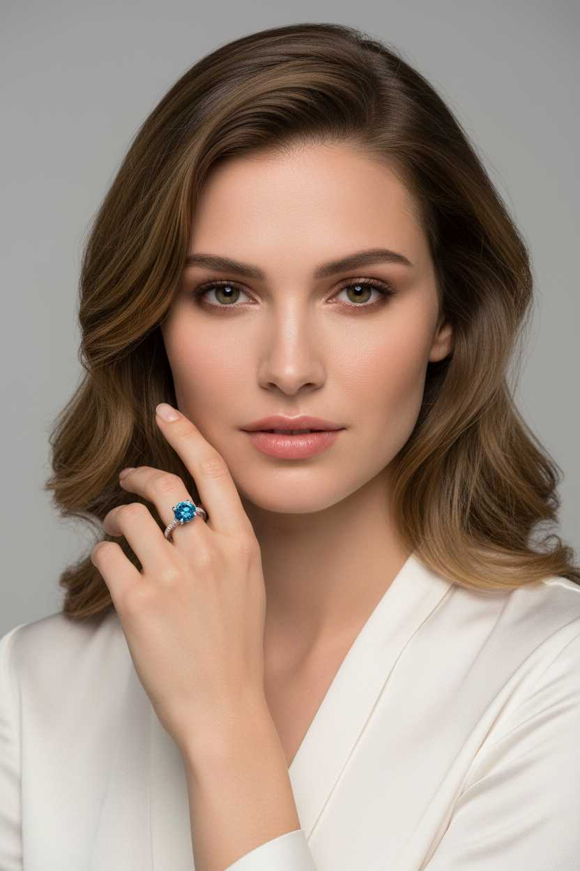14k White Gold Ocean Blue Diamond Solitaire Ring on Full Face Model