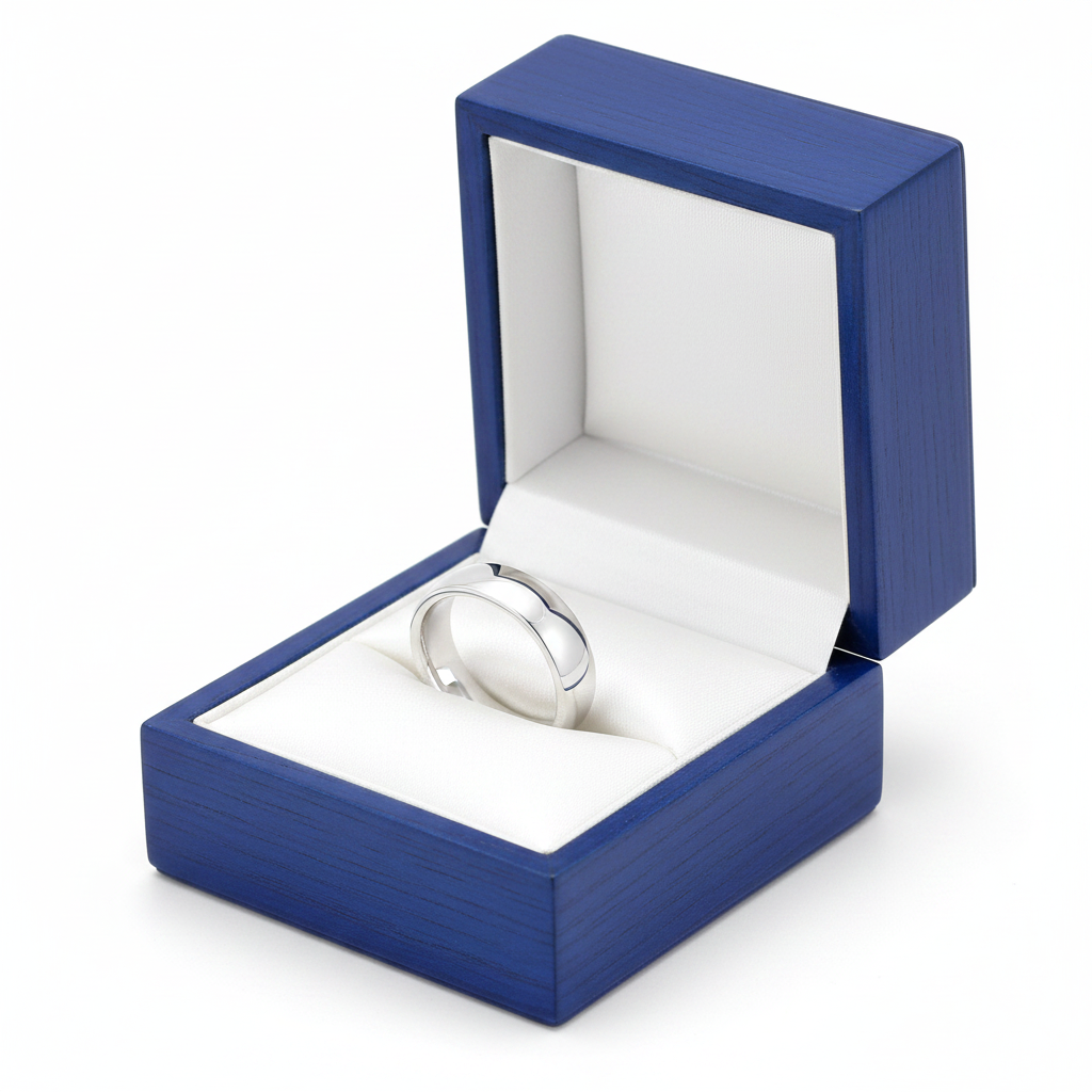14k White Gold Plain Comfort Fit Wedding Band in Royal Blue Wooden Box