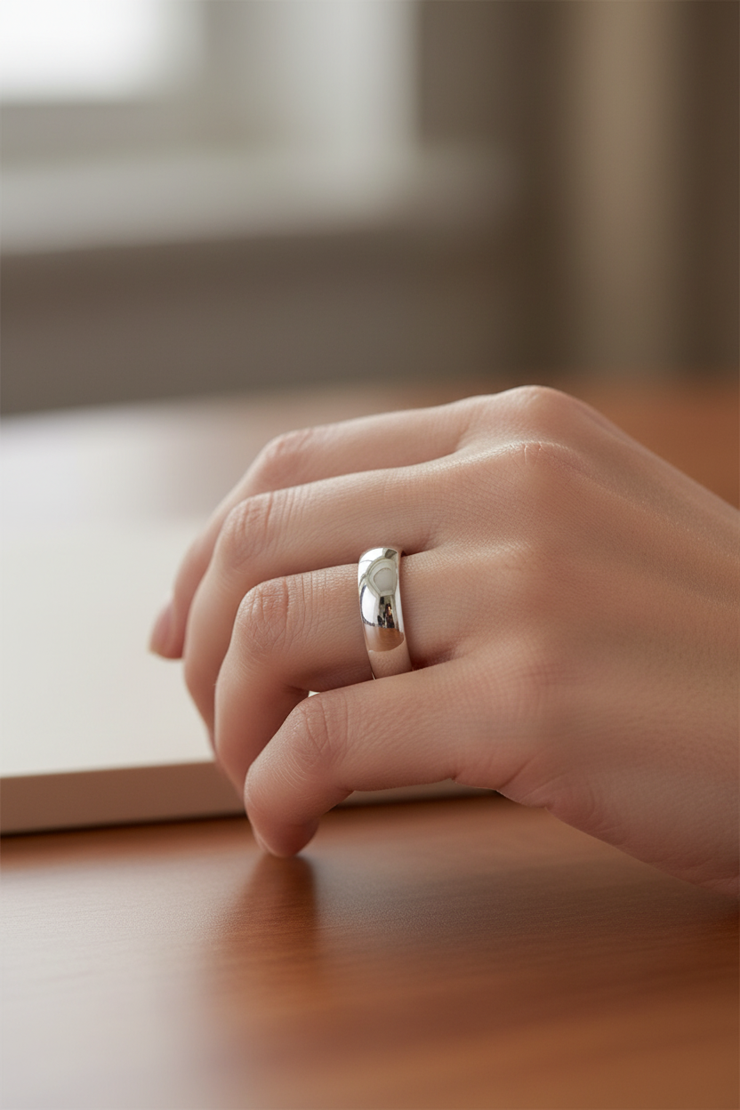 14k White Gold Plain Comfort Fit Wedding Band on Model