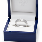 14k White Gold Round Diamond Men's Wedding Band in Royal Blue Wooden Box