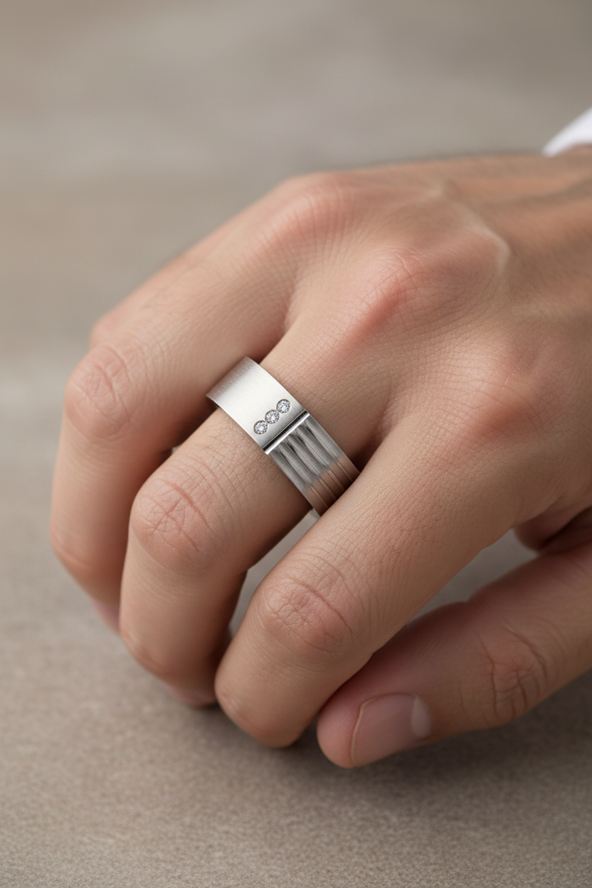 14k White Gold Round Diamond Men's Wedding Band on Model