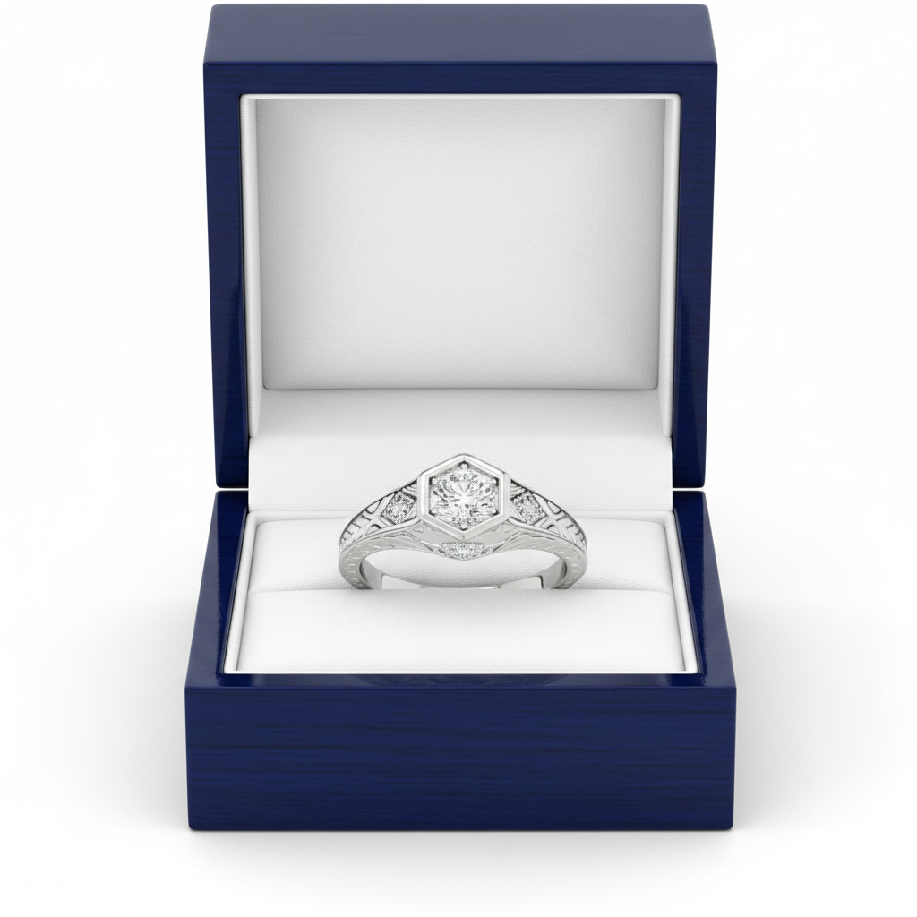14k White Gold Vintage Diamond Engagement Ring in Royal Blue Wooden Box