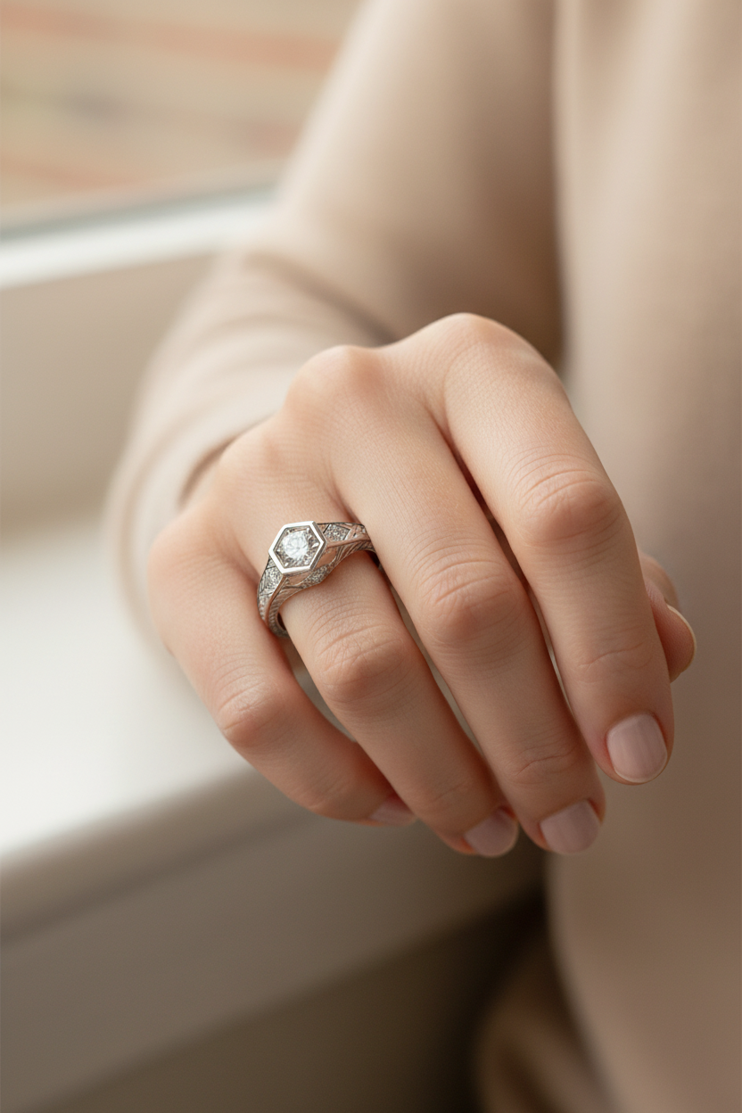 14k White Gold Vintage Diamond Engagement Ring on Model