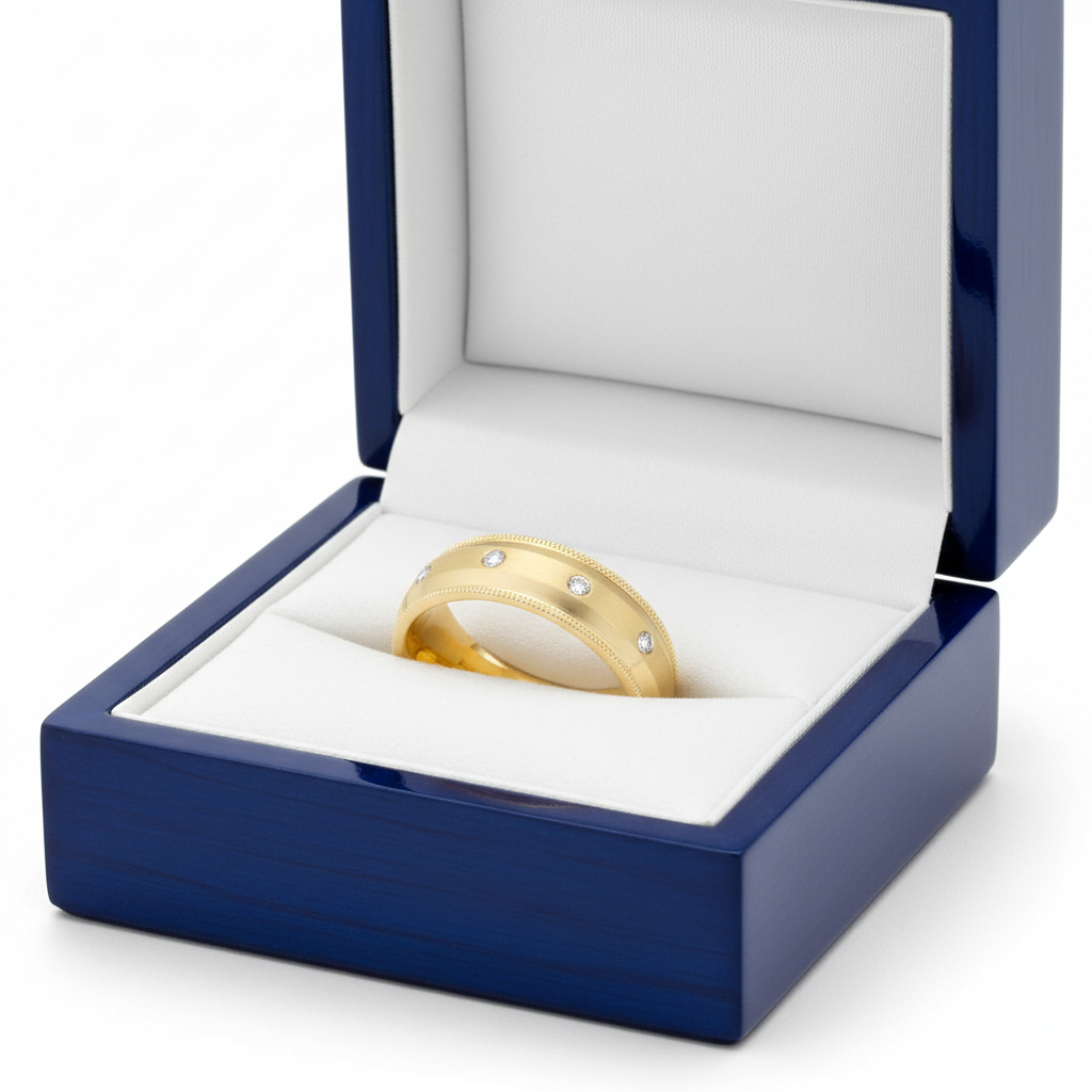 14k Yellow Gold Diamond Milligrain Wedding Band in Royal Blue Wooden Box